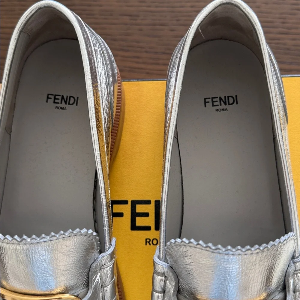 Fendi Metallic Silver Loafers with Gold Accent. Women’s size 40. - Picture 2 of 9